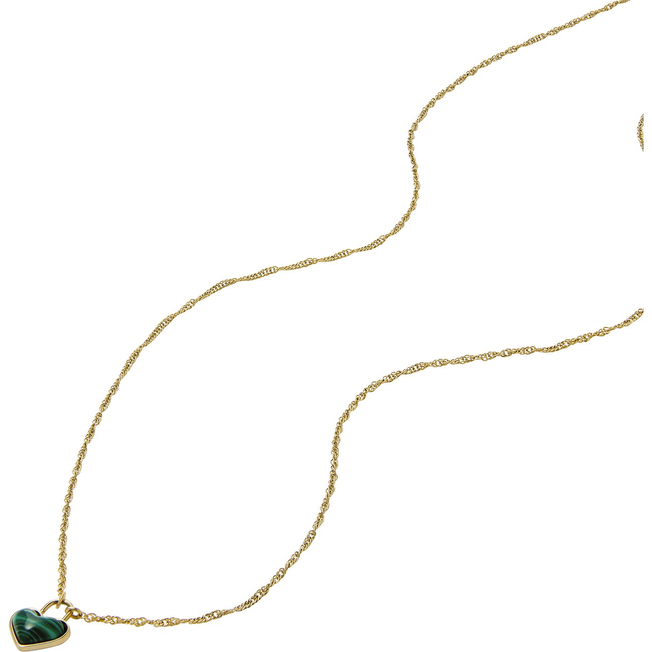 Fossil Halskette aus Edelstahl mit Malachit-Herzanhänger.