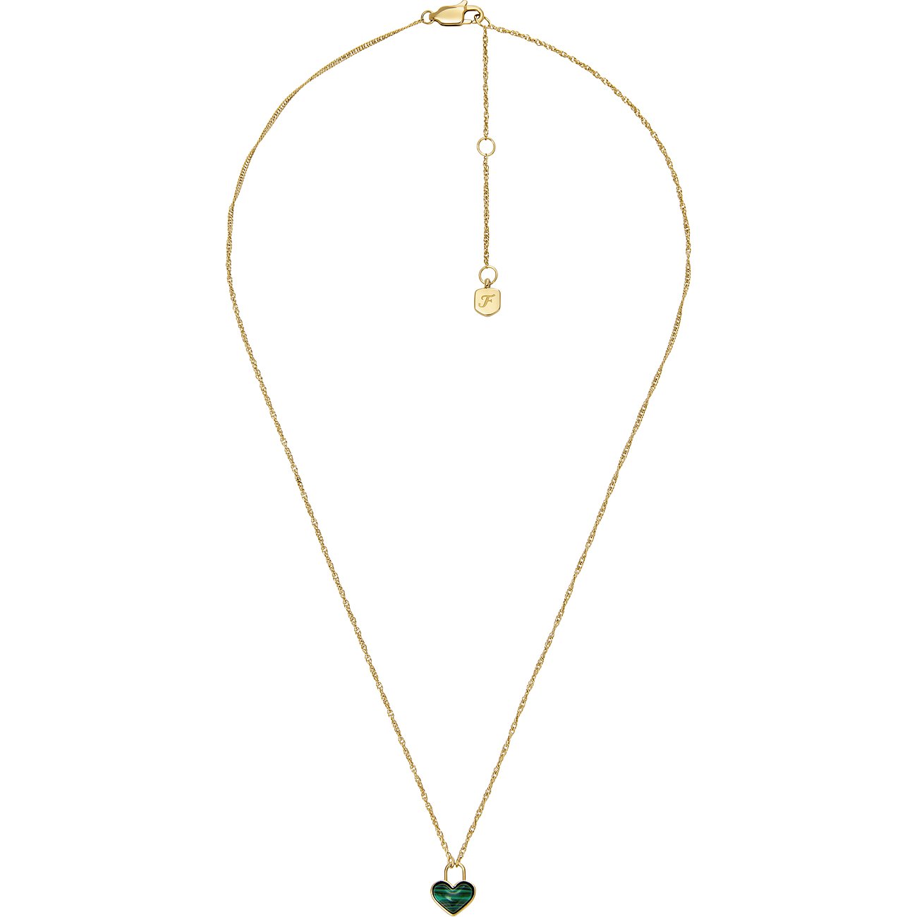 Fossil Halskette aus Edelstahl mit Malachit-Herzanhänger und feiner Kette.