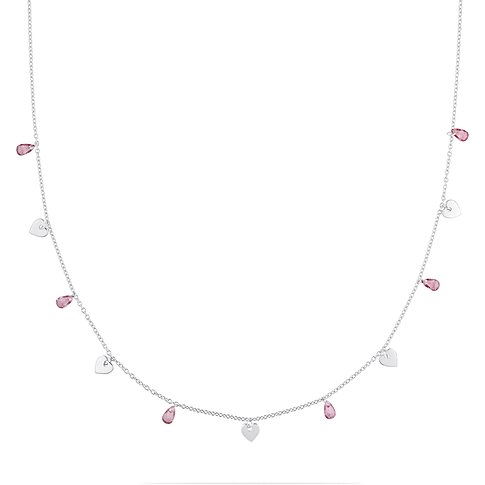 Halskæde i genanvendt 925 sølv med hjerteformede vedhæng og dråbeformede pink zirkonia.