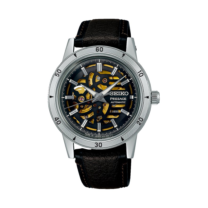 Seiko Herrenuhr Presage Style 60's SSA461J1, Herren, Edelstahl, Armband: Leder, Automatik, analog