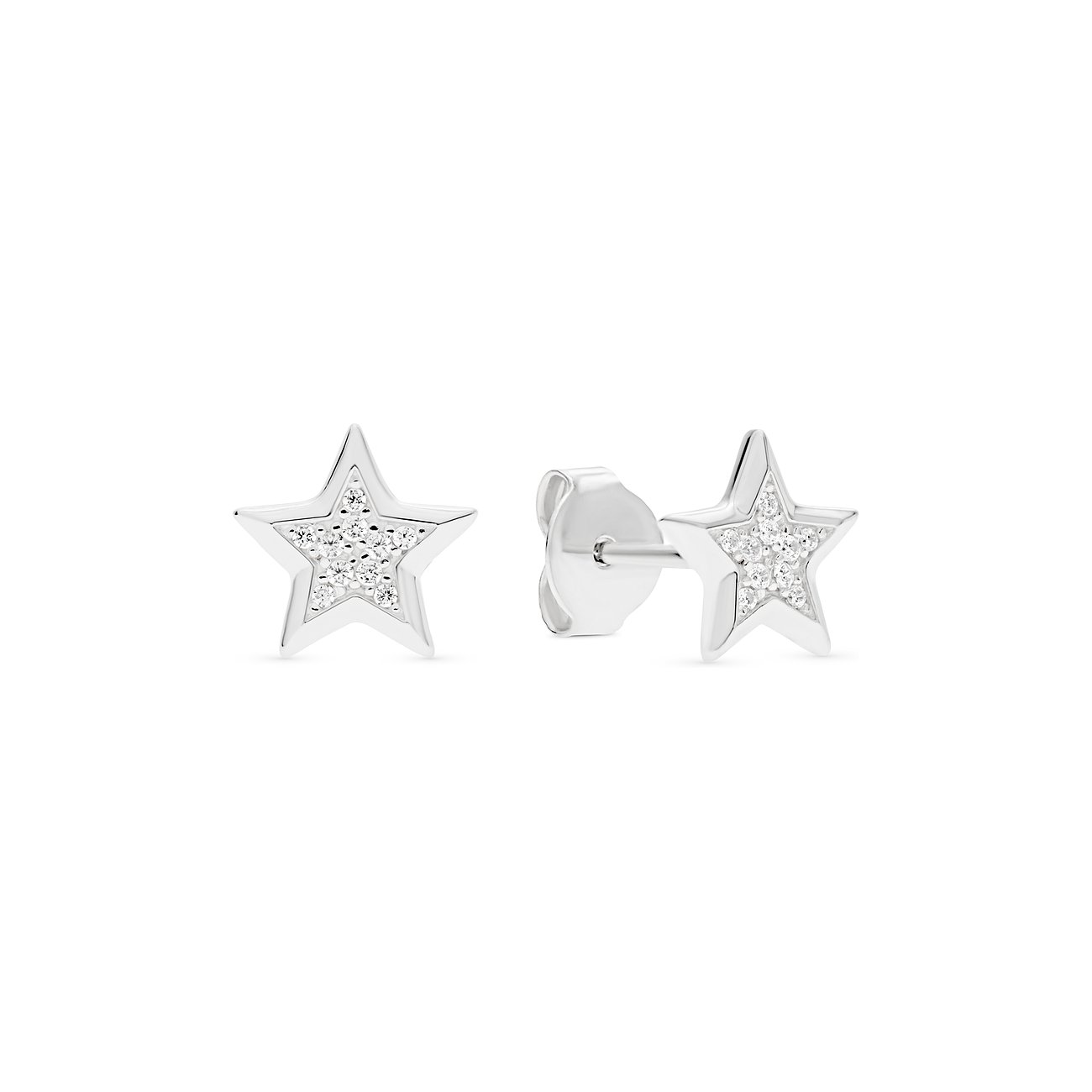 FAVS Ohrstecker aus 925er Silber in Sternform, glatt an den Enden, mit funkelnden Zirkon-Farbsteinen in der Mitte.