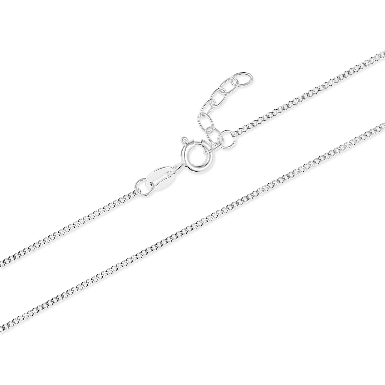 FAVS Halskette aus 925er Silber mit Karabinerverschluss und Verlängerungskettchen auf weißem Hintergrund.