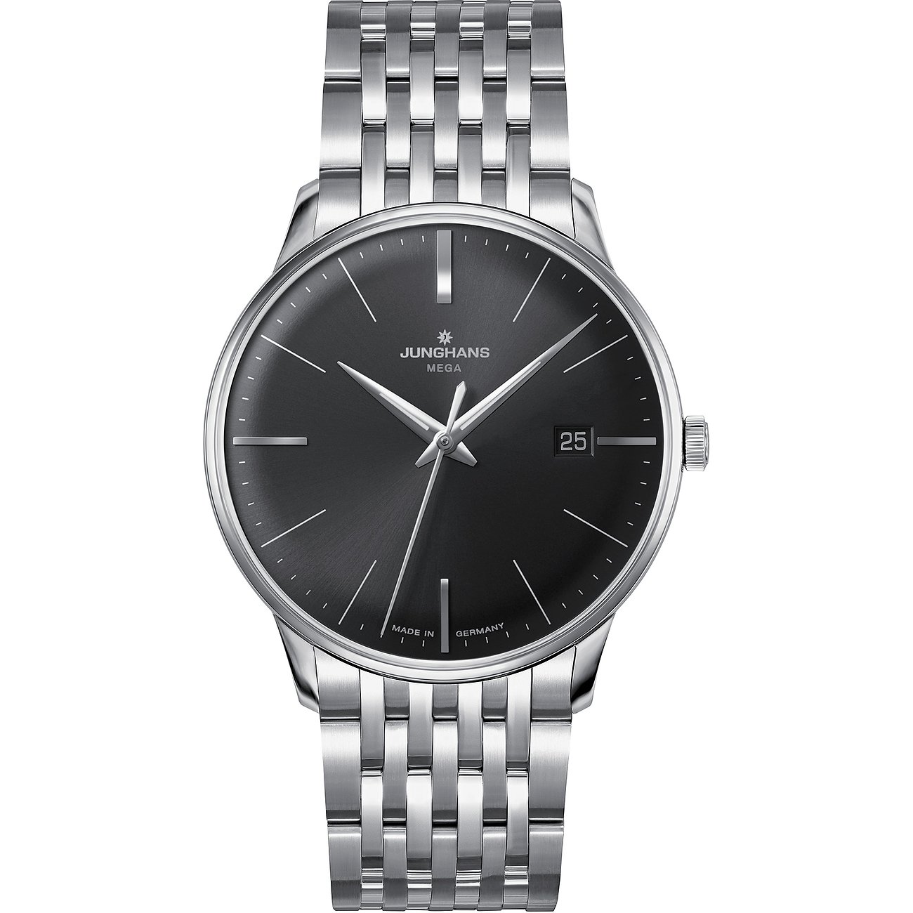 Junghans Herrenuhr mit Edelstahlgehäuse, analog, mit Datumsanzeige.
