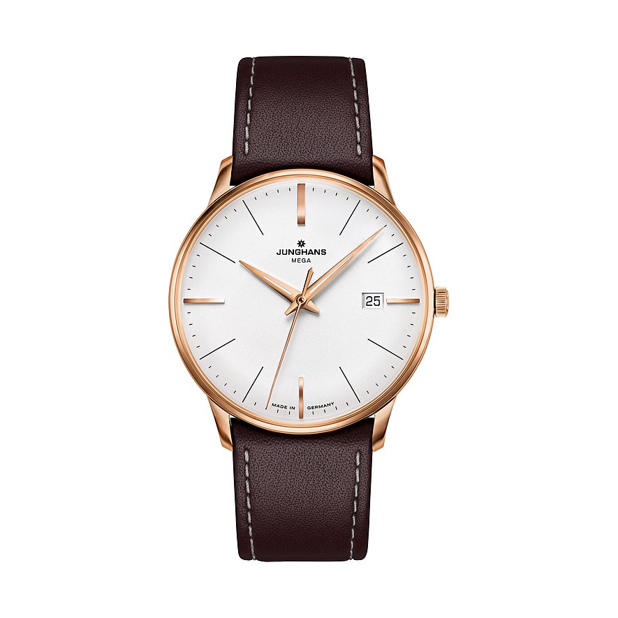Junghans Unisexuhr Meister MEGA 58750002, Herren, Edelstahl, Armband: Leder, Quarz, analog