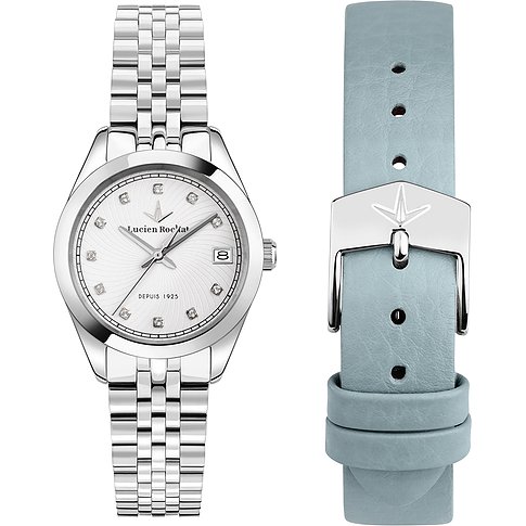 Ein Lucien Rochat Damenuhren-Set aus Edelstahl. Es zeigt eine Uhr mit silbernem Zifferblatt und ein blaues Lederarmband.