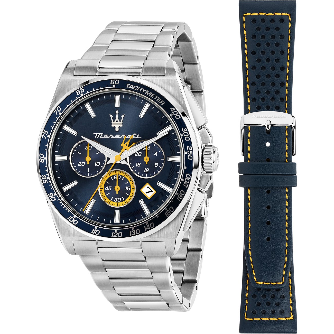 Maserati Herrenuhr mit Edelstahlgehäuse, blauem Zifferblatt und Lederarmband.