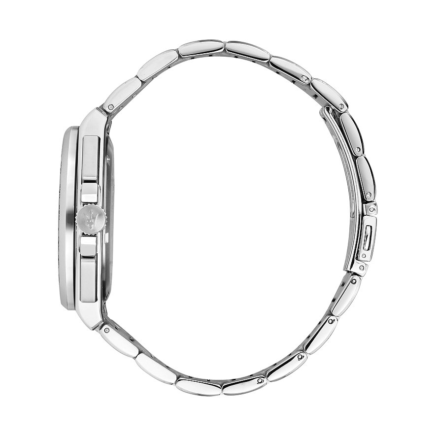Seitenansicht der Maserati Armbanduhr in schimmerndem Edelstahl mit Gliederarmband.
