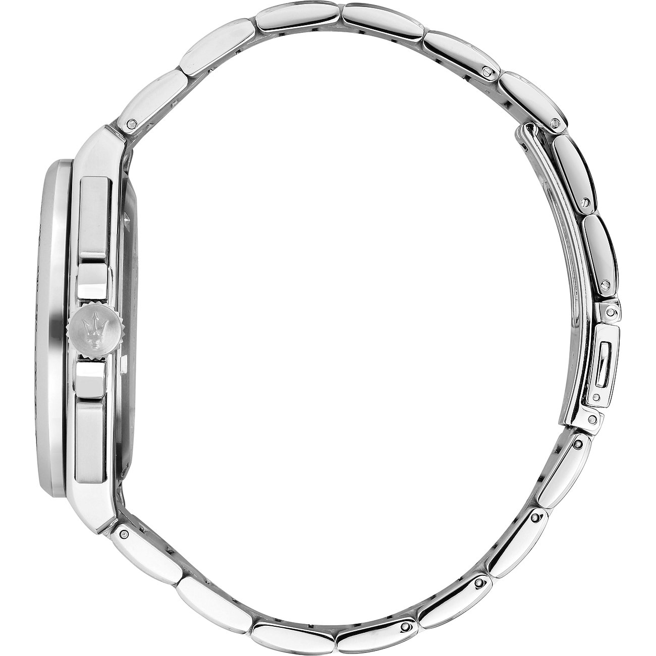 Seitenansicht der Maserati Armbanduhr in schimmerndem Edelstahl mit Gliederarmband.
