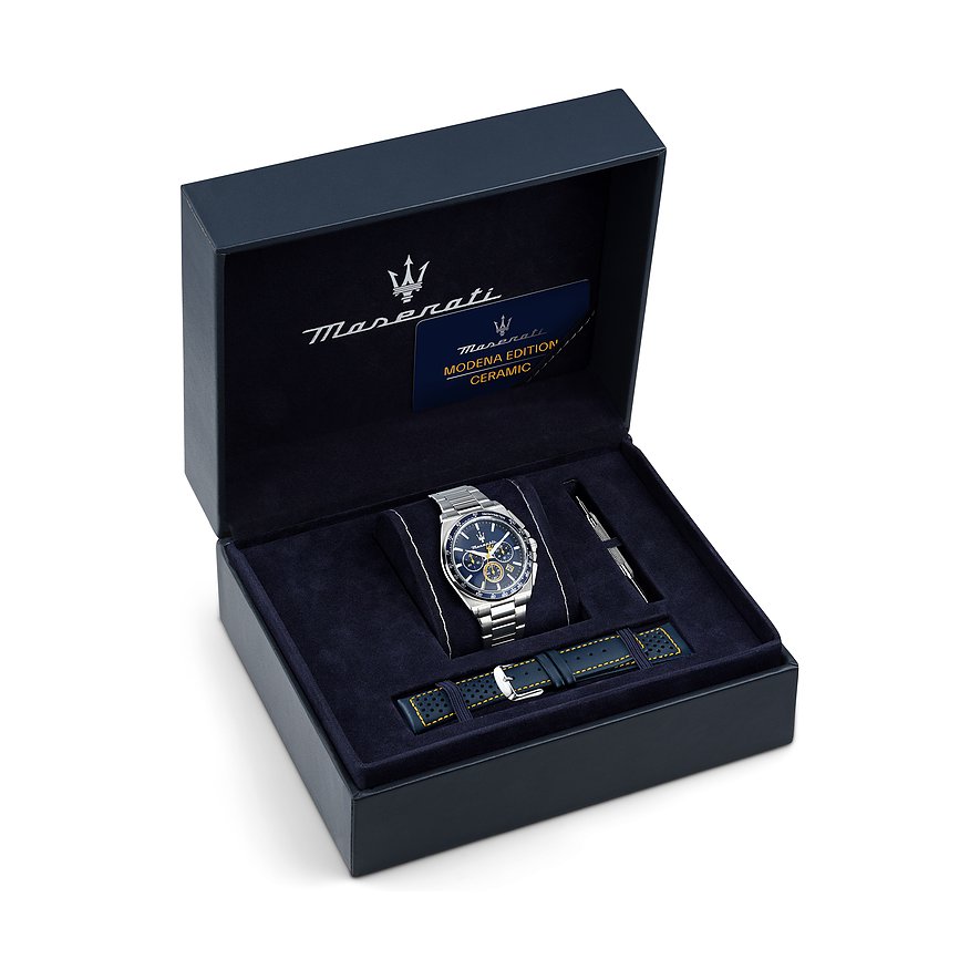 Maserati Geschenkset mit einer Armbanduhr aus Edelstahl und einem zusätzlichen blauen Lederarmband.