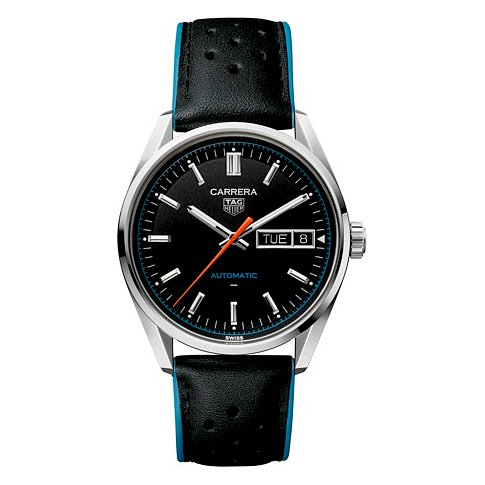 TAG Heuer Carrera Unisexuhr mit Edelstahlgehäuse, schwarzem Zifferblatt und blauem Akzent.
