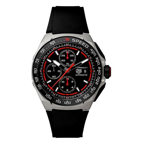 TAG Heuer Herrenuhr mit Edelstahlgehäuse, schwarzes Zifferblatt, analog.