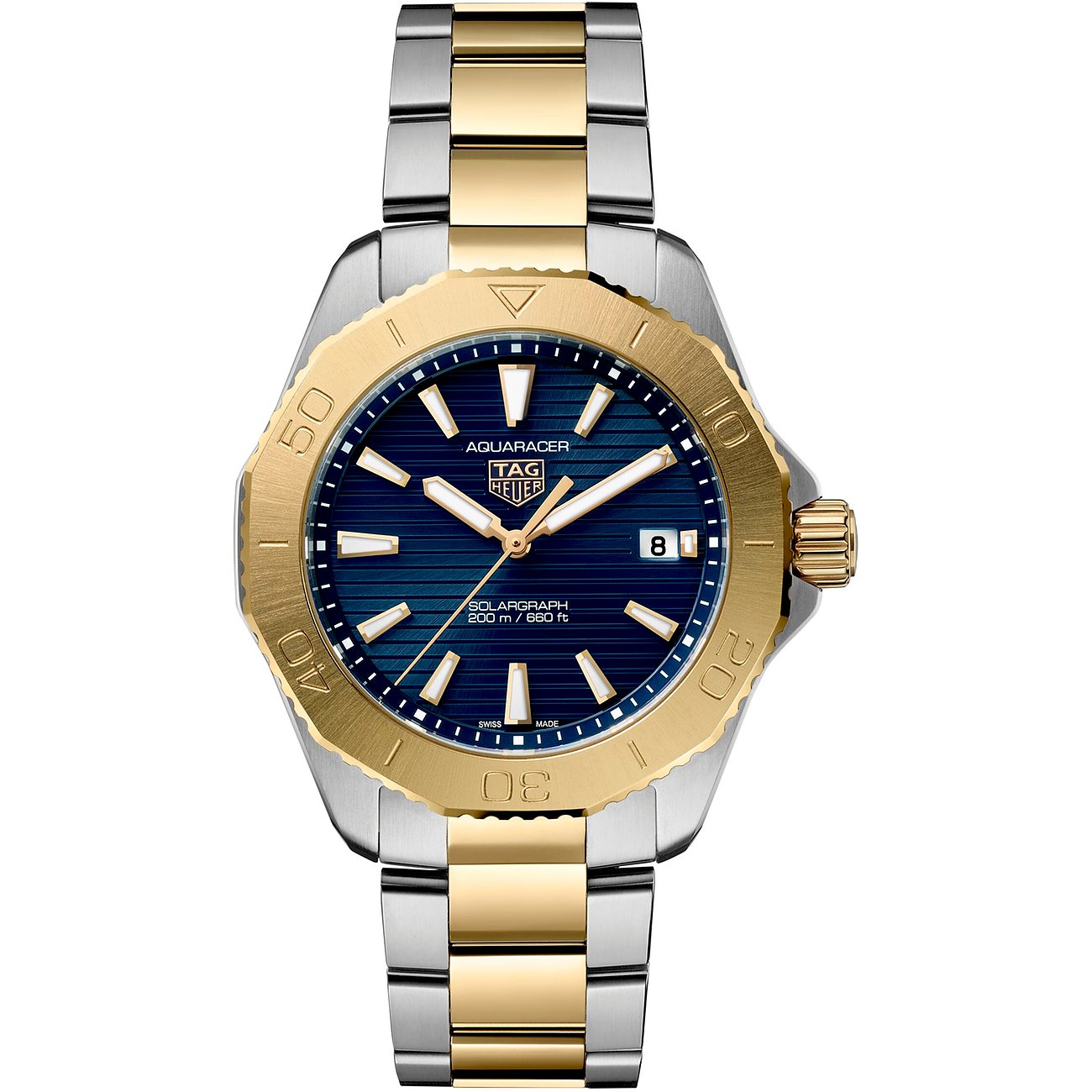 TAG Heuer Aquaracer bicolor Edelstahl-Uhr mit blauem Zifferblatt und Datum.