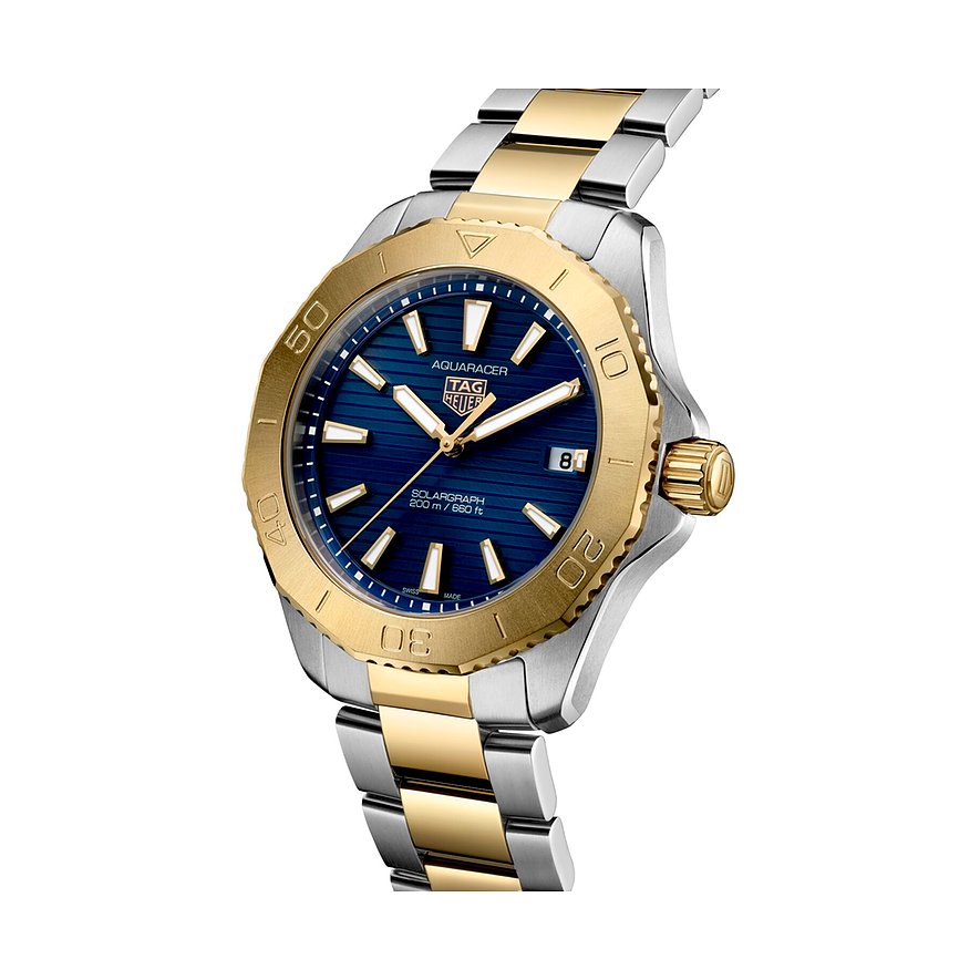 TAG Heuer Aquaracer Edelstahl-Uhr mit goldfarbener Lünette und blauem Zifferblatt.