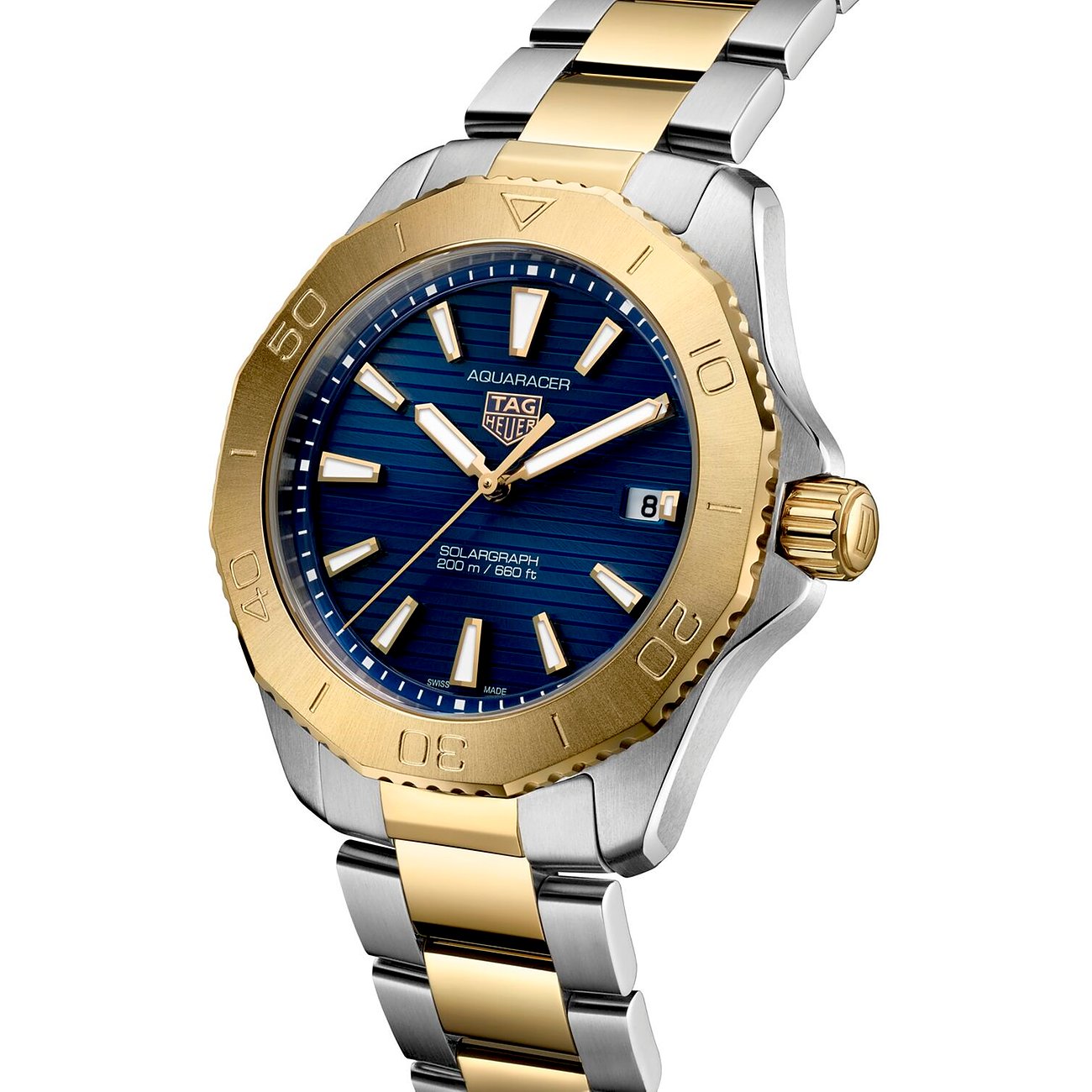 TAG Heuer Aquaracer Edelstahl-Uhr mit goldfarbener Lünette und blauem Zifferblatt.