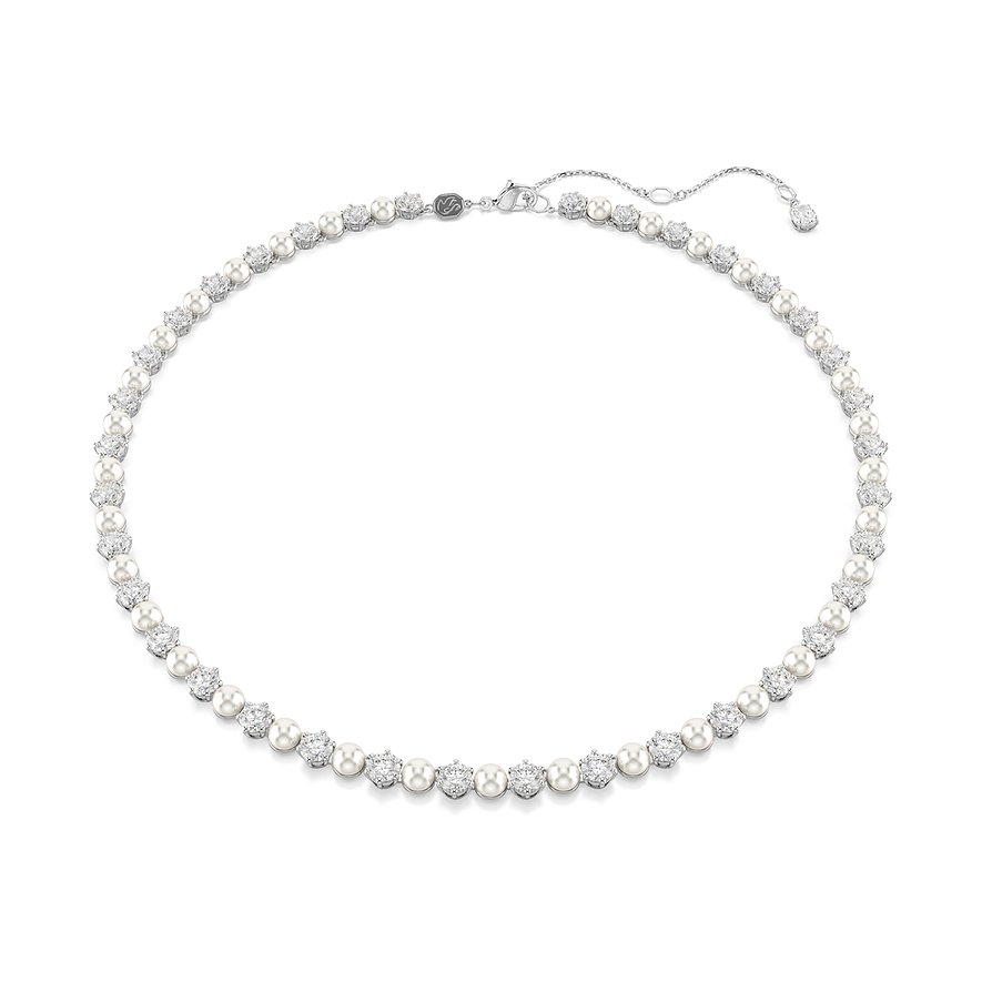Swarovski ketting van metaal met kristallen en parels, als pronkstuk.