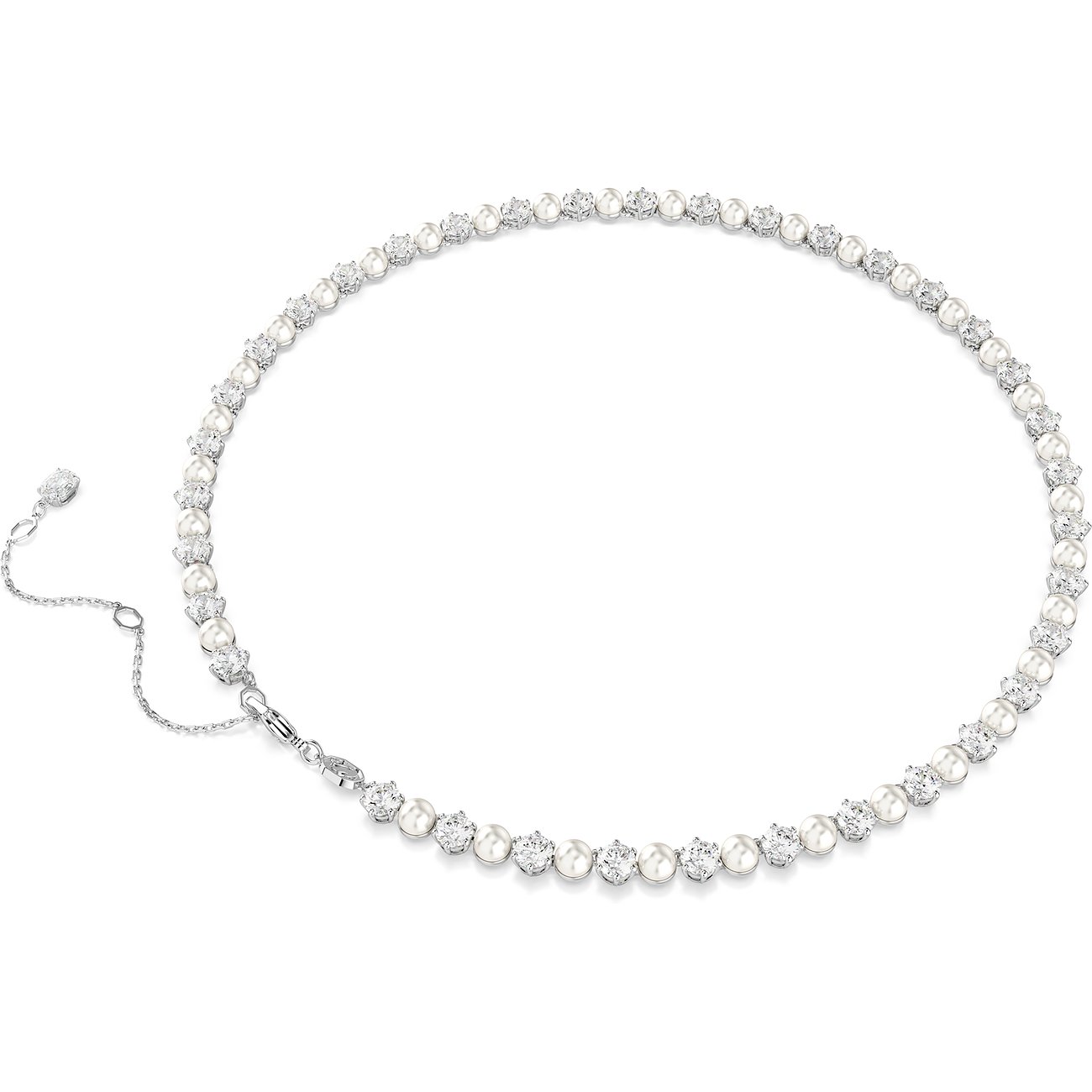Swarovski metalen ketting met kristallen en parels, als tennisketting.