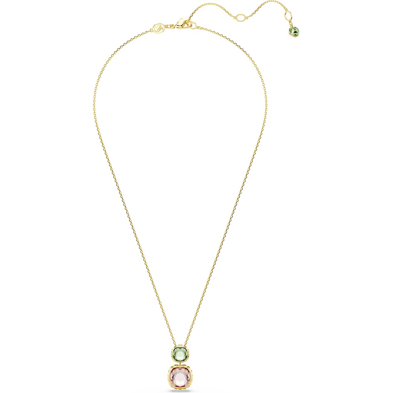 Swarovski Halskette aus Metall mit zwei Kristallen in Grün und Rosa.