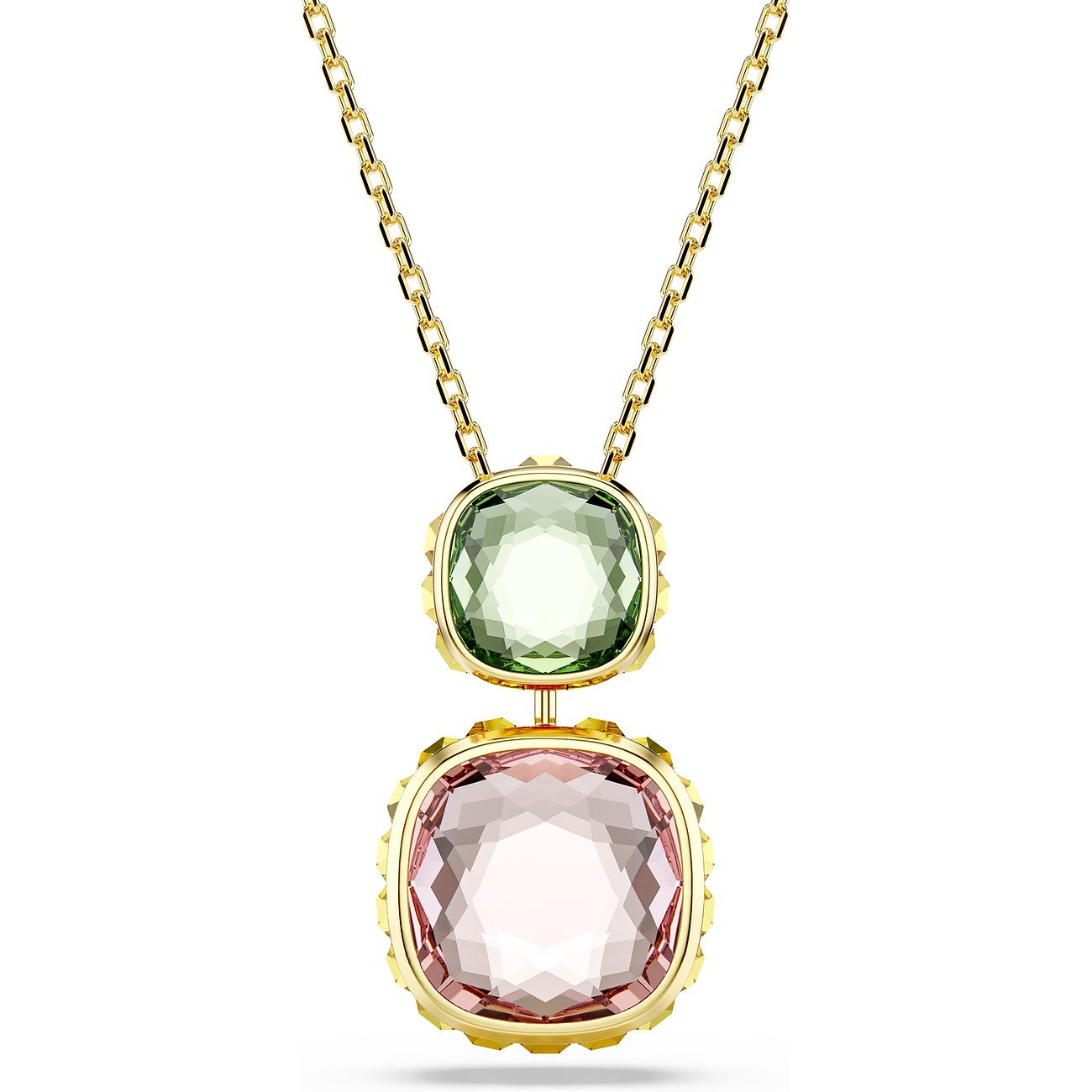 Swarovski Kette aus Metall mit zwei farbigen Kristallen, goldfarben.