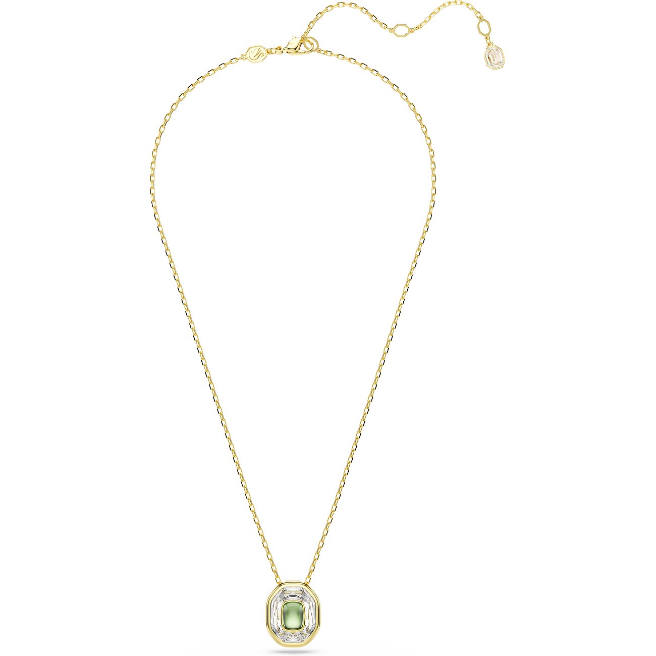 Swarovski Halskette aus goldfarbenem Metall mit einem grünen Kristallanhänger.