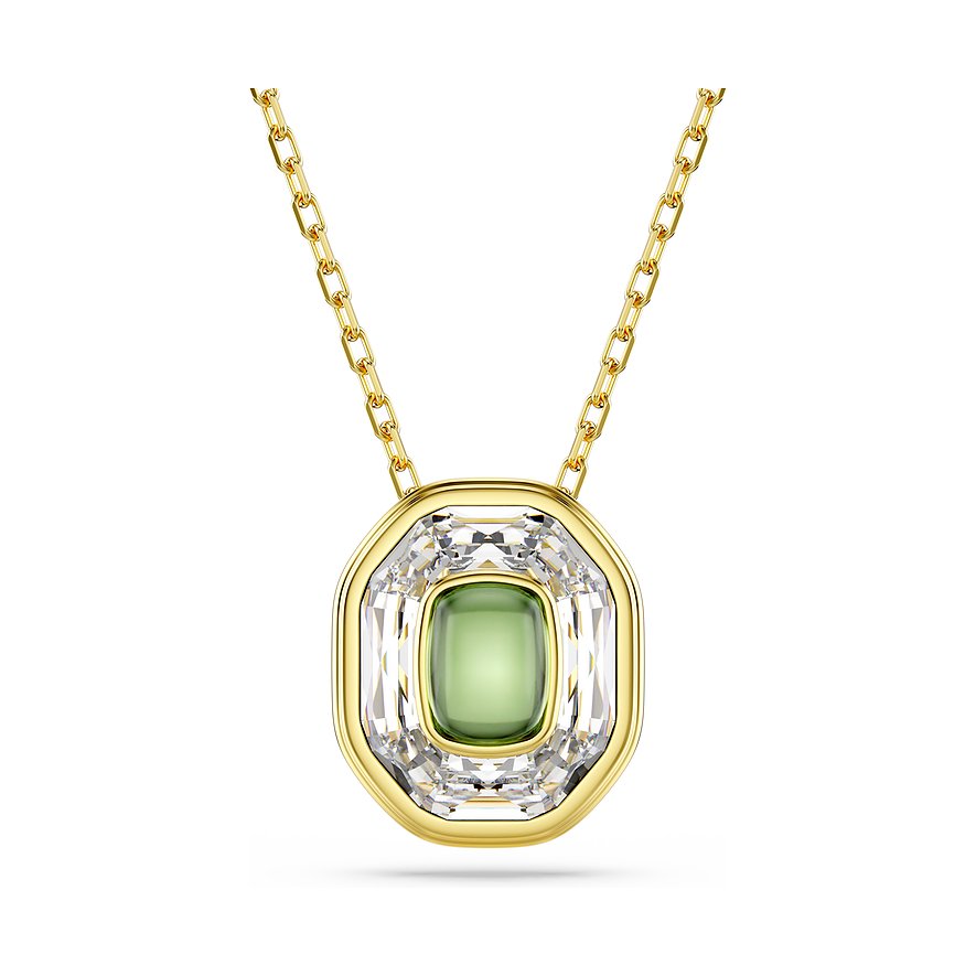 Swarovski Halsschmuck aus goldfarbenem Metall mit grünem Stein und Kristall.