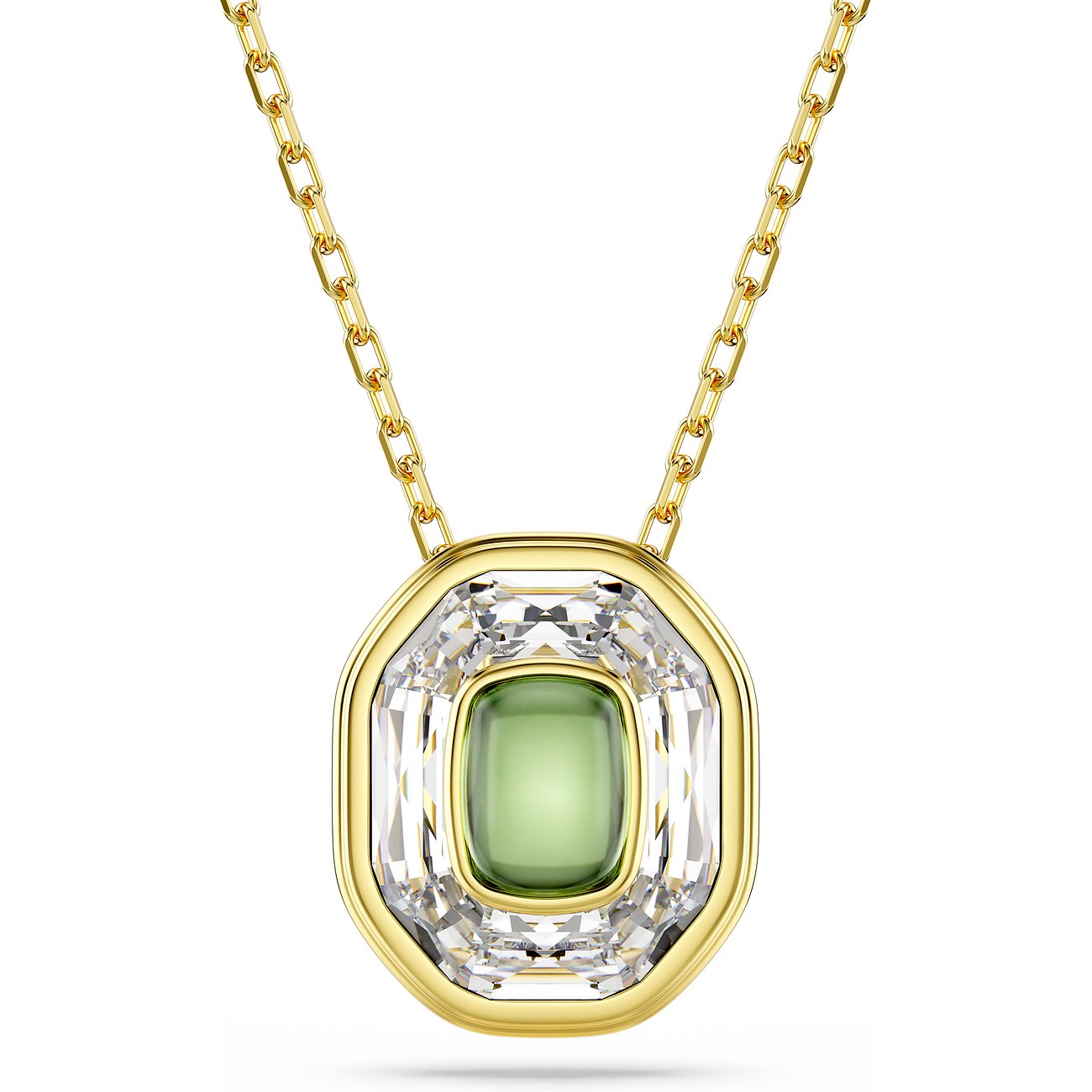 Swarovski Halsschmuck aus goldfarbenem Metall mit grünem Stein und Kristall.