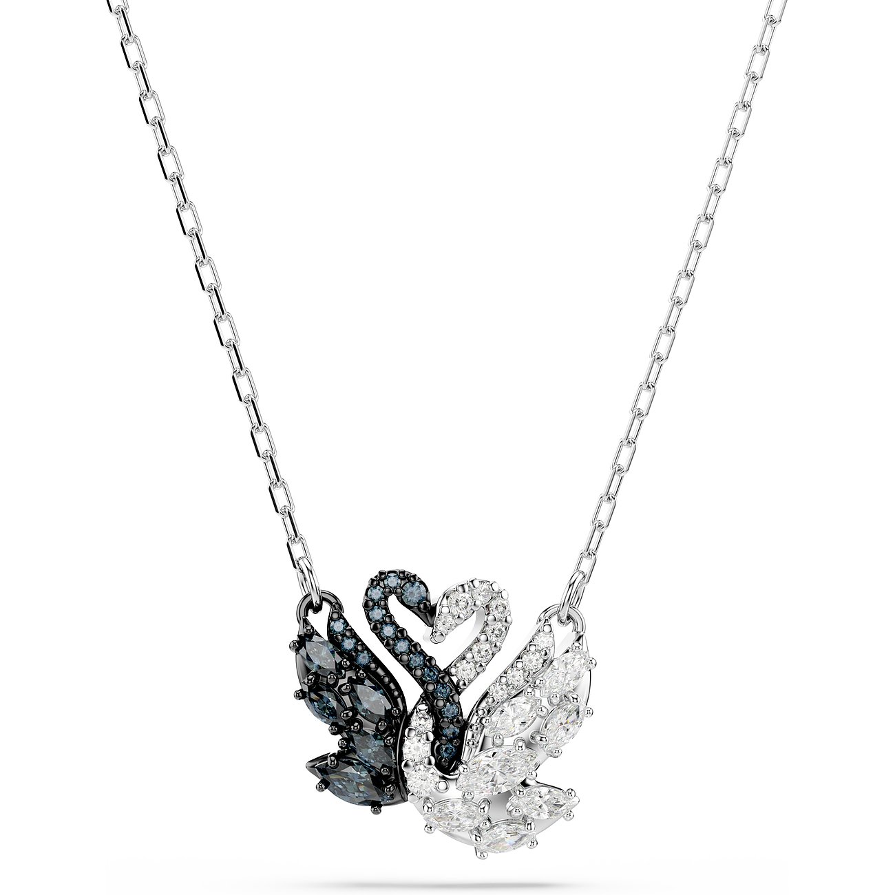 Swarovski ketting van gerhodineerd metaal met witte en grijze kristallen.