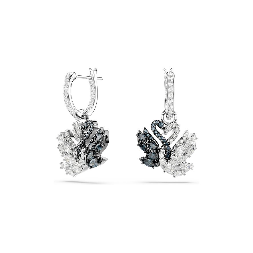 Swarovski metalen oorbellen met witte en grijze zwaanvormige kristallen.