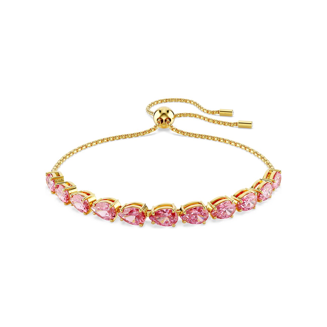 Swarovski Armband aus goldfarbenem Metall mit rosa Kristallen im Tropfenschliff.