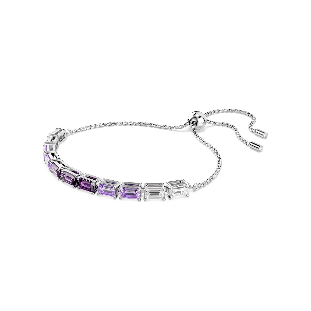 Swarovski Armband aus rhodiniertem Metall mit weißen und lila Kristallen.