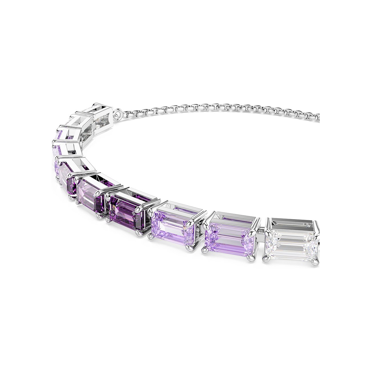 Swarovski Armband aus Metall mit rechteckigen violetten und weißen Kristallen.
