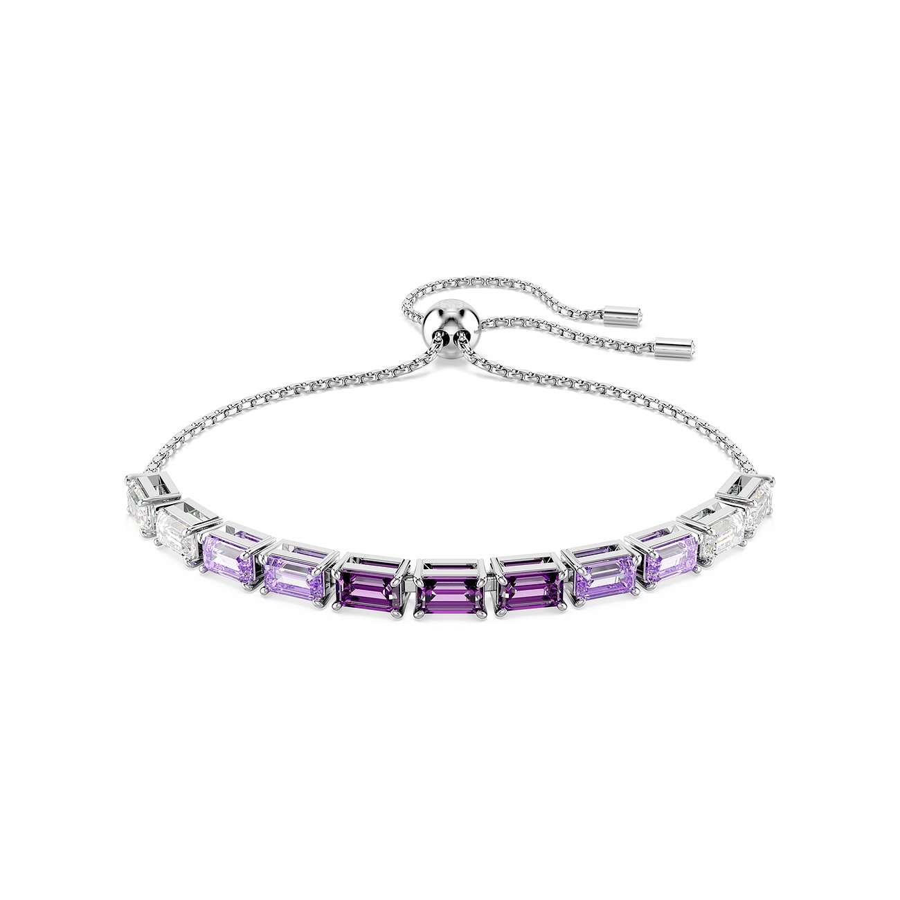 Swarovski Armband aus Metall mit lila und weißen Kristallen im Baguetteschliff.