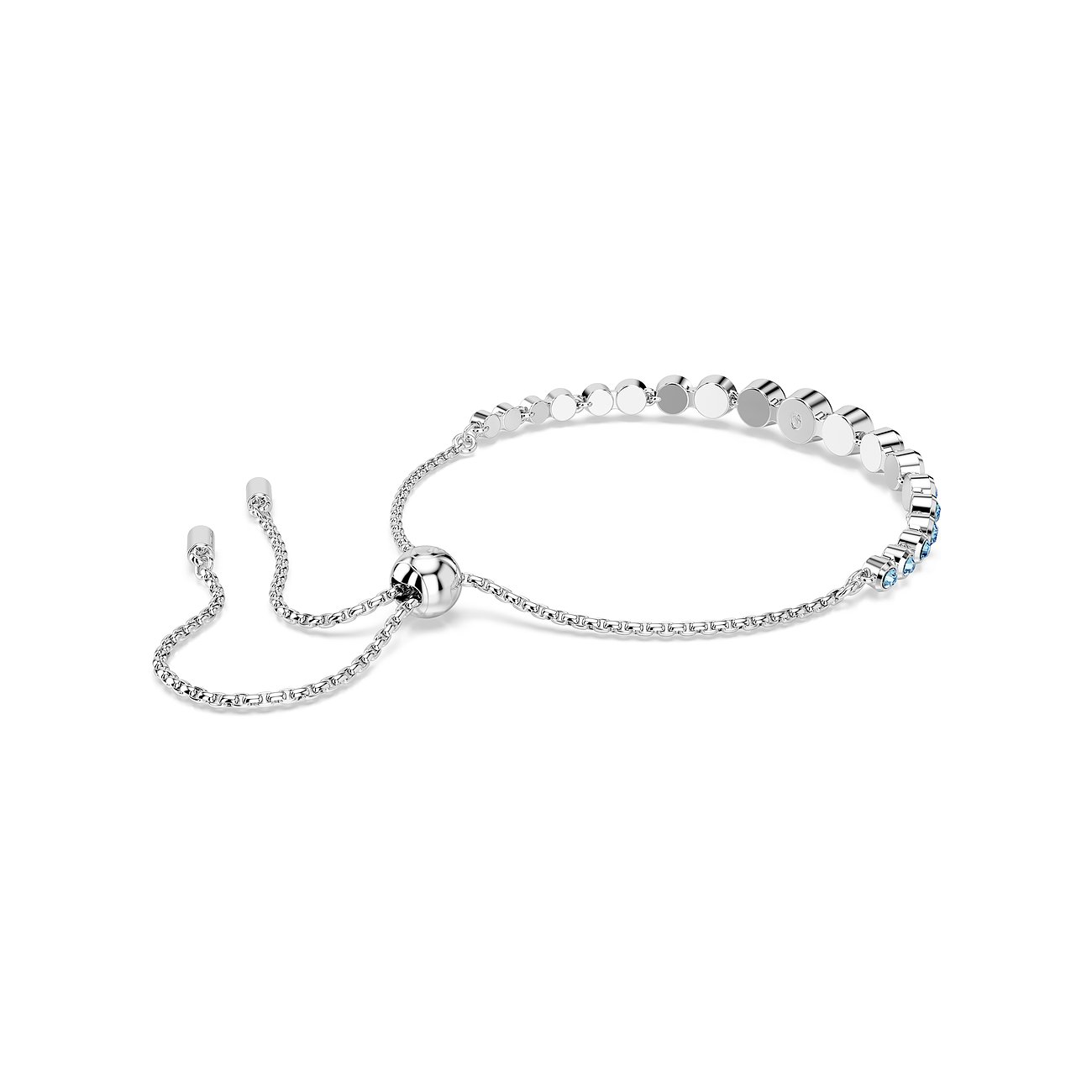 Swarovski Armband aus rhodiniertem Metall mit blauen Kristallen und runden Elementen.