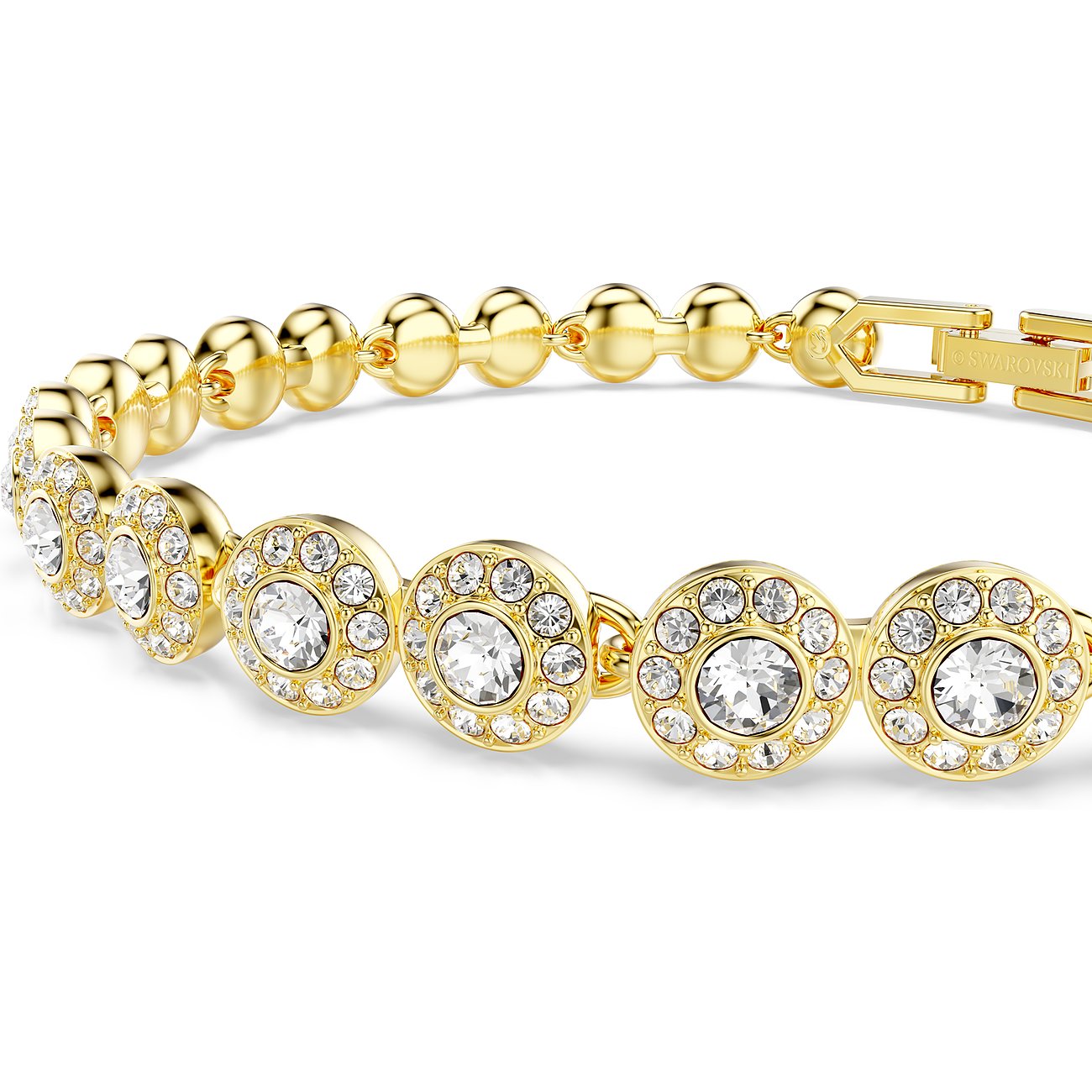 Swarovski Armband aus goldfarbenem Metall mit Kristallen und runden Anhängern.