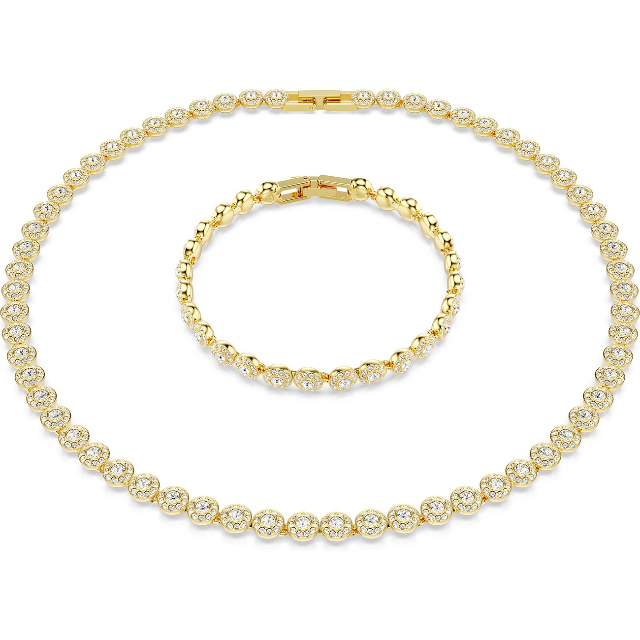 Swarovski Schmuckset aus Metall mit Kristallen, goldfarben, mit runden Anhängern.