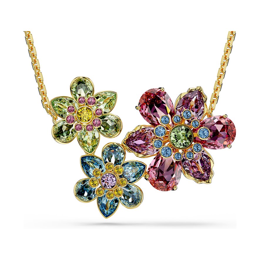 Swarovski Halsschmuck aus Metall mit bunten Kristallen in Blumenform.