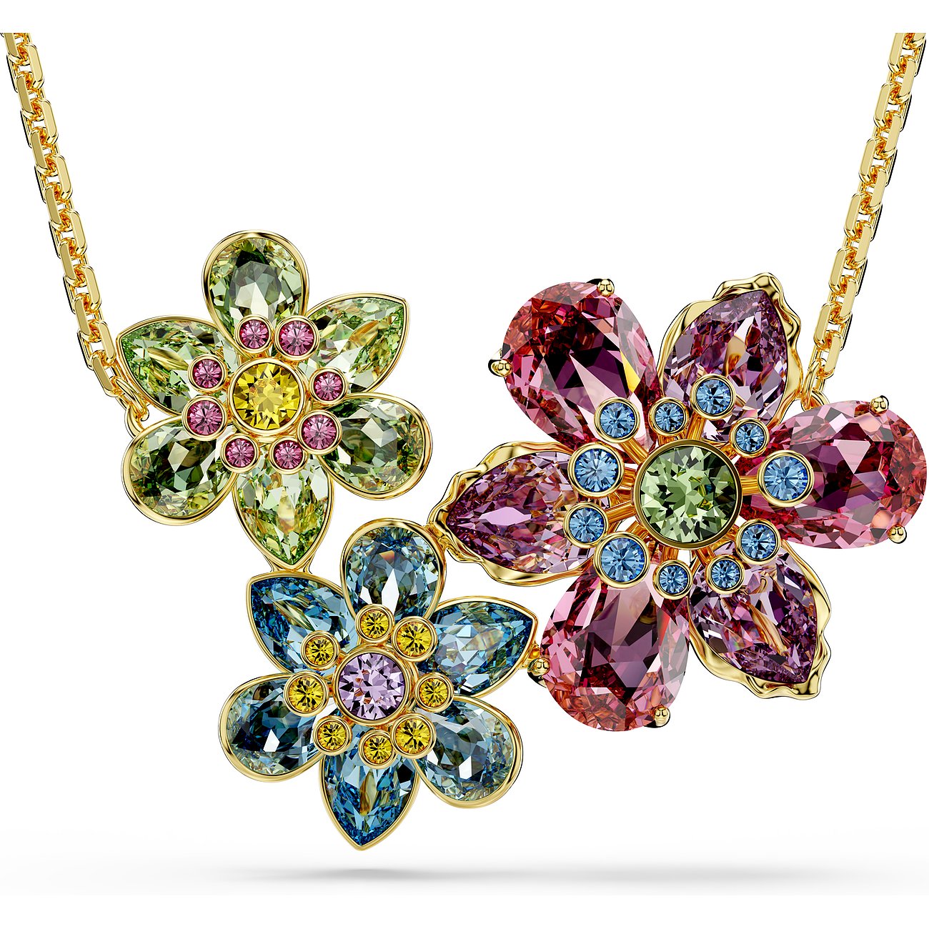 Swarovski Halsschmuck aus Metall mit bunten Kristallen in Blumenform.