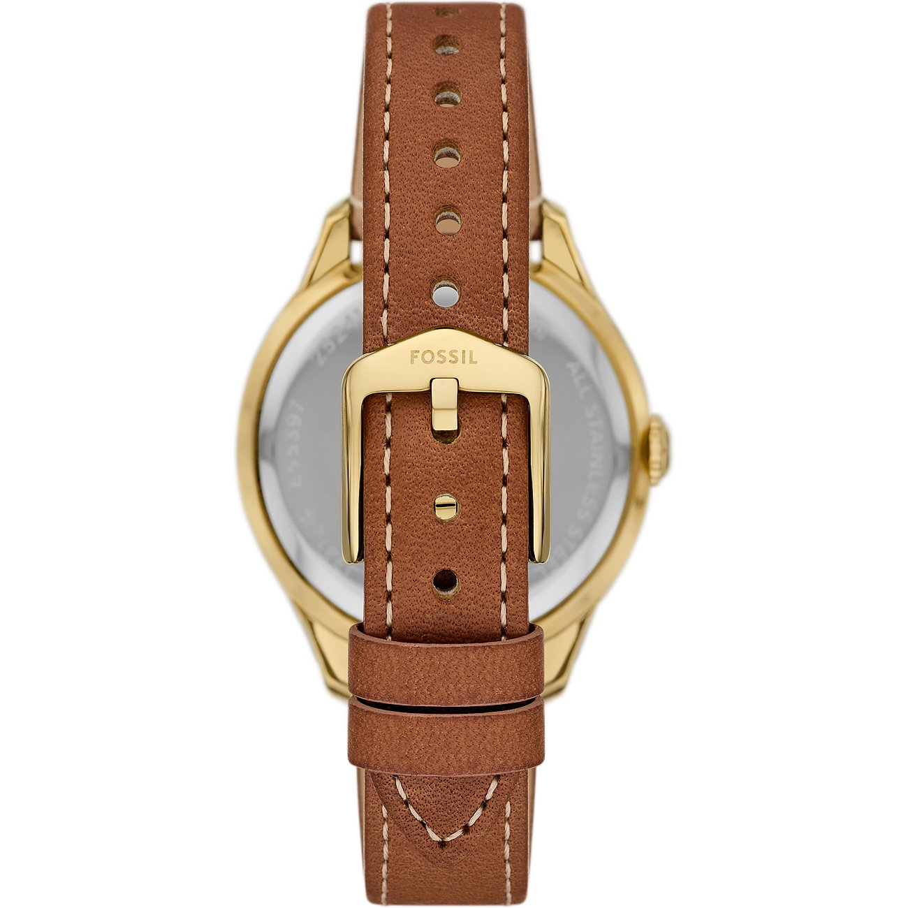 Fossil damklocka med boett i rostfritt stål och brunt läderarmband.