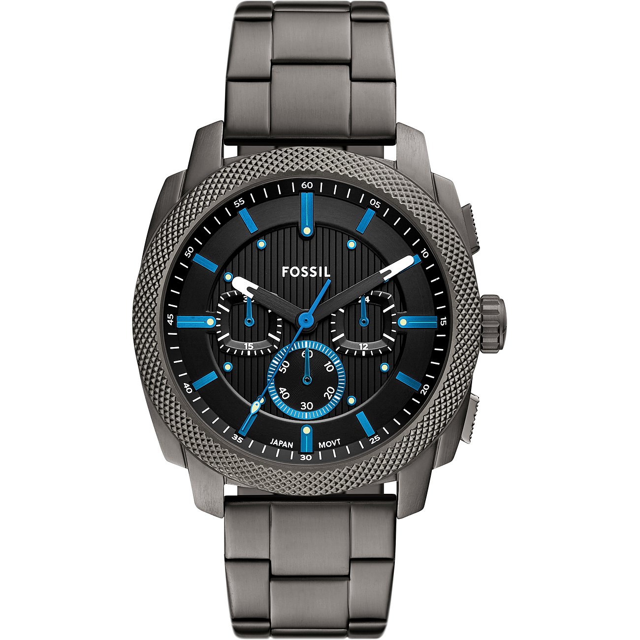 Fossil Herrenuhr mit Edelstahlgehäuse, analog, schwarzes Zifferblatt mit blauen Akzenten.