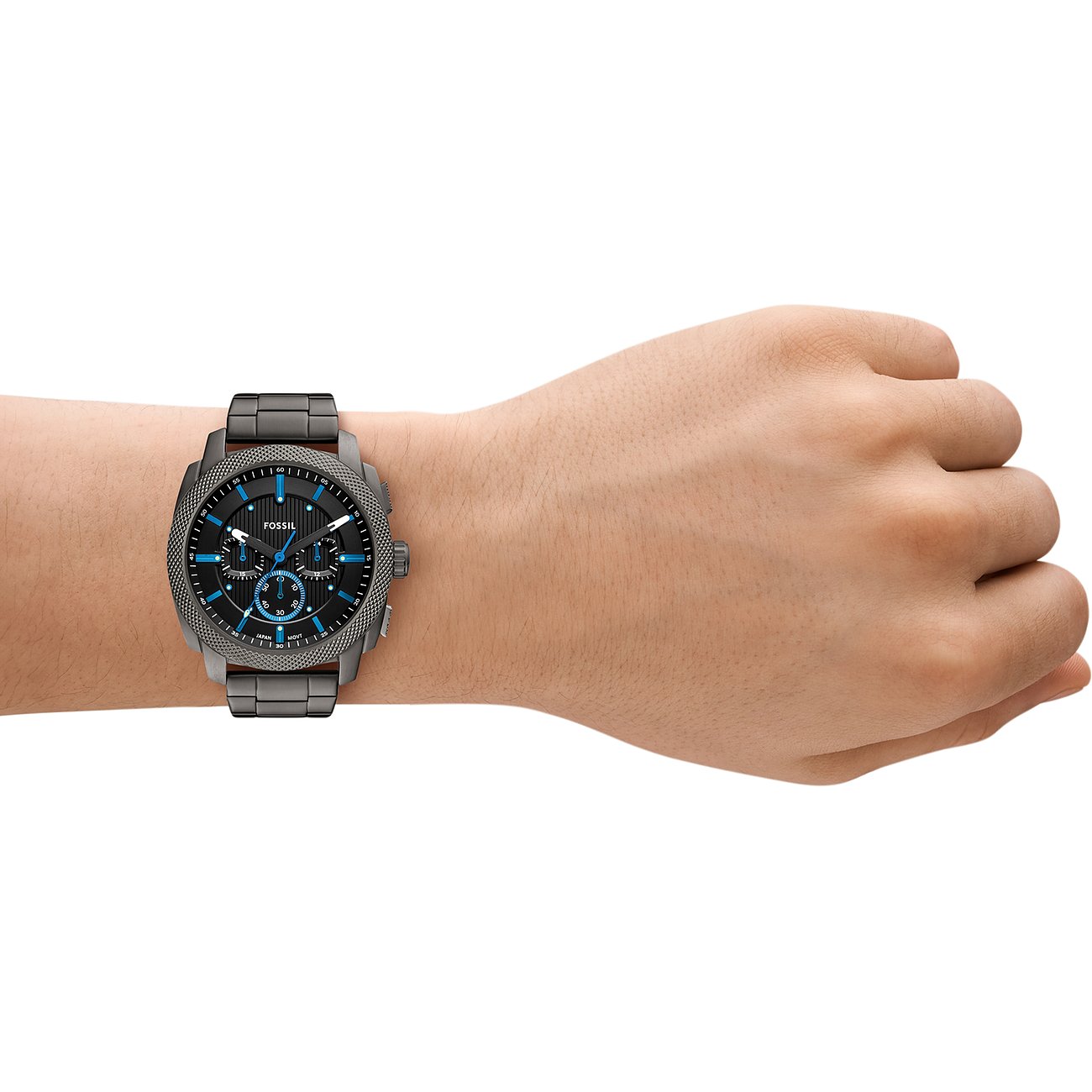Fossil Herrenuhr mit Edelstahlgehäuse, analog, mit blauen Akzenten.