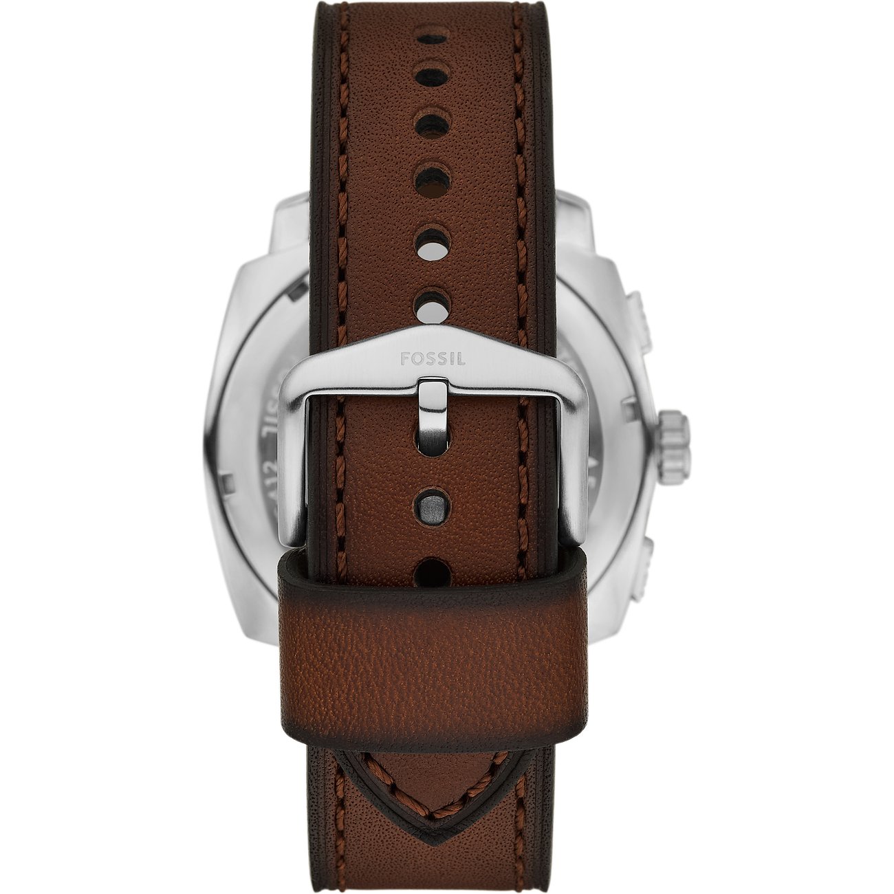 Fossil Herrenuhr mit Edelstahlgehäuse und braunem Lederarmband.