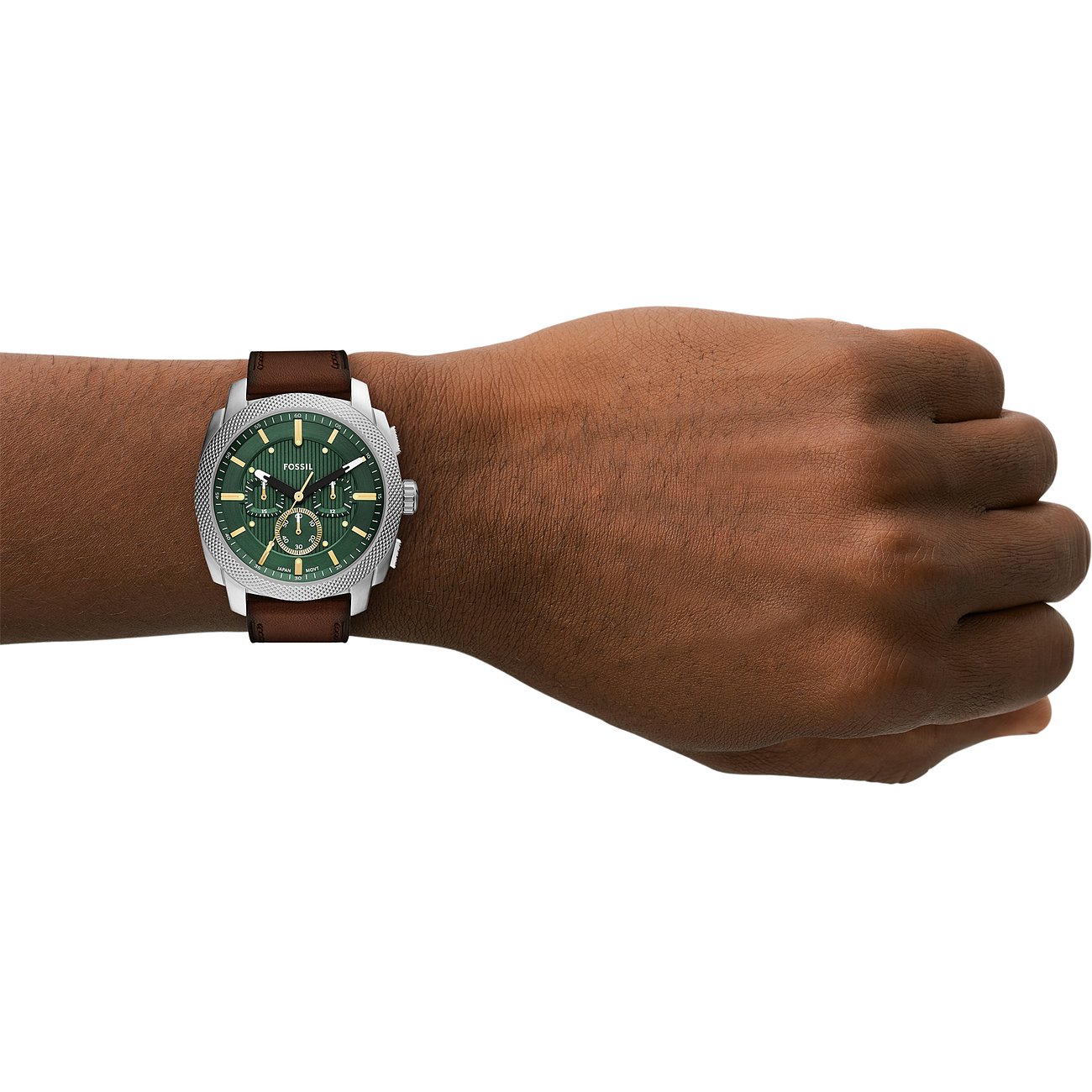 Fossil Herrenuhr mit Edelstahlgehäuse, grünem Zifferblatt und braunem Lederarmband.