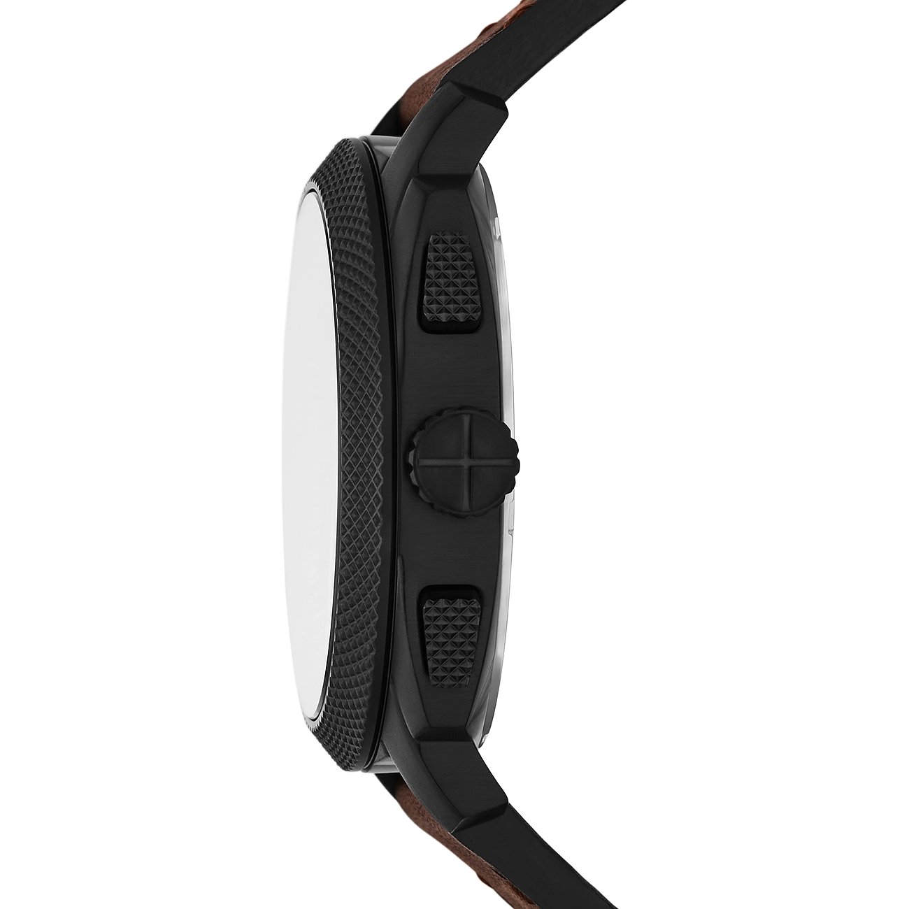 Seitenansicht einer Fossil-Uhr aus schwarzem Edelstahl mit braunem Lederarmband und Detail der Krone.