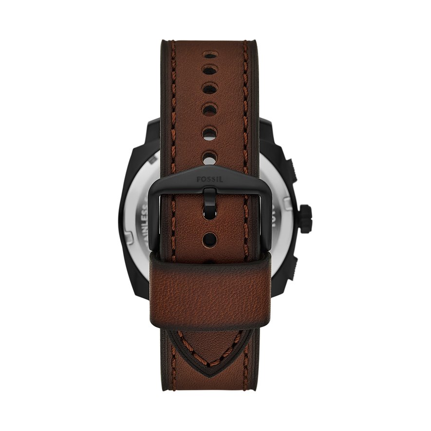 Rückansicht einer Fossil Armbanduhr mit braunem Lederarmband und schwarzer Edelstahlschließe.