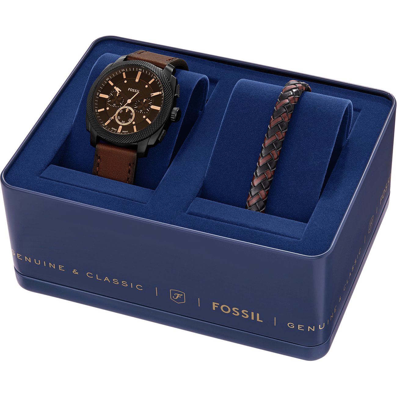 Geschenkset von Fossil mit einer Uhr aus Edelstahl und einem geflochtenen Armband in einer dunkelblauen Box.