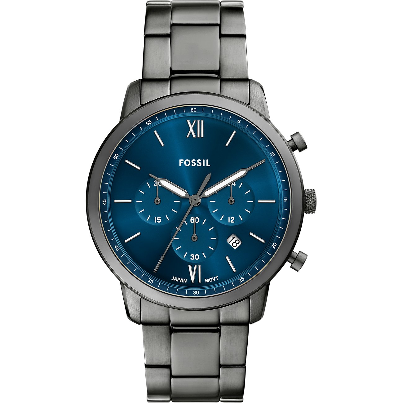 Fossil Herrenuhr mit Edelstahlgehäuse, blauem Zifferblatt und analoger Anzeige.