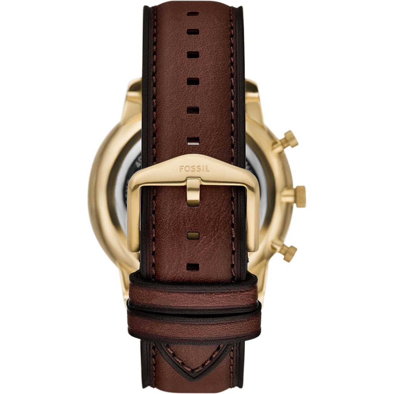 Fossil Herrenuhr mit goldfarbenem Edelstahlgehäuse und braunem Lederarmband.