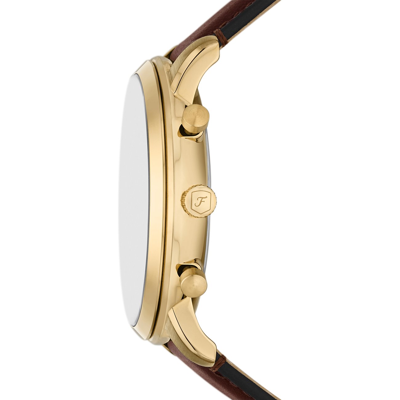 Fossil Herrenuhr mit Edelstahlgehäuse, goldfarben, mit Knöpfen und Logo-Krone.