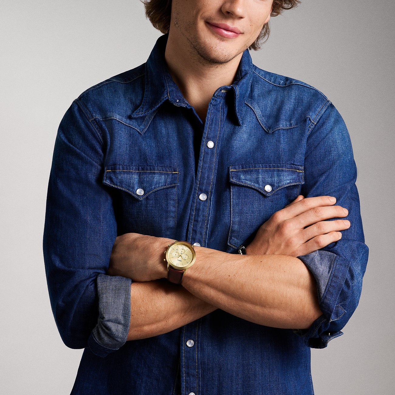 Fossil Herrenuhr mit Edelstahlgehäuse, analog, mit Datumsanzeige und Chronograph.