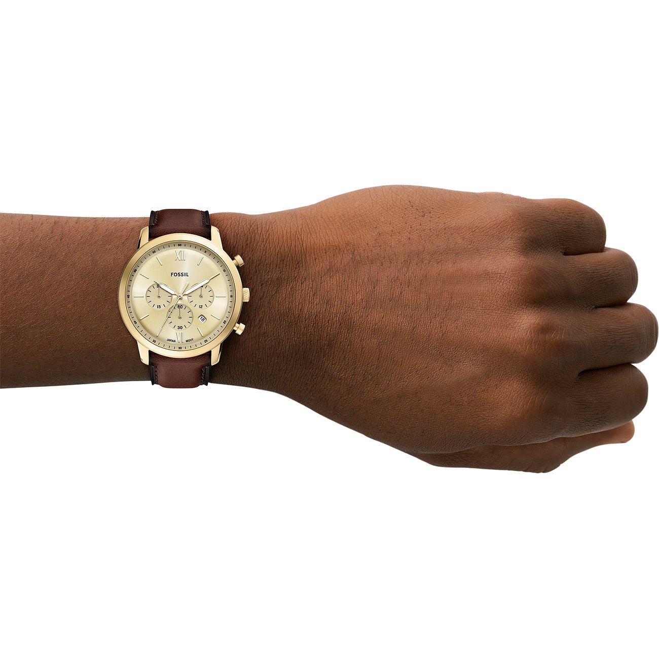 Fossil Herrenuhr mit Edelstahlgehäuse, goldfarbenes Zifferblatt, analog.