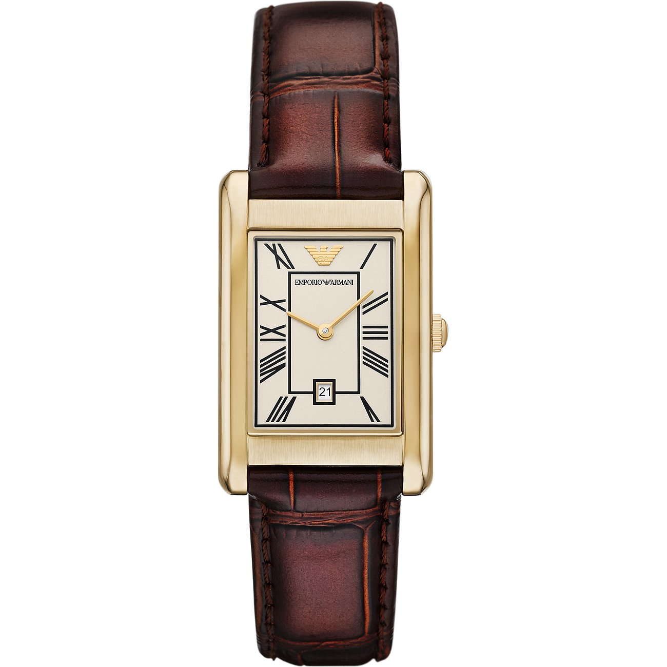 Emporio Armani Herrenuhr mit goldfarbenem Edelstahlgehäuse und braunem Lederarmband.